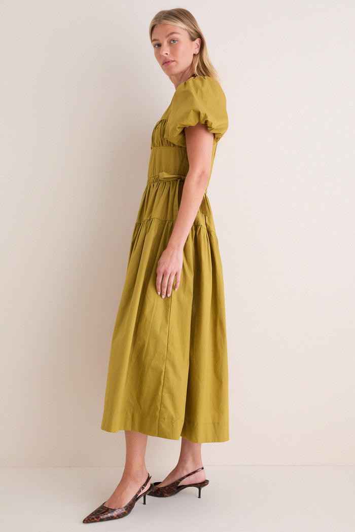 Citron Round Neck Puff Sleeve Midi Dress