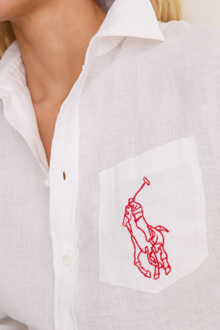 Classic Oxford White Linen Button Down featuring a red embroidered polo player logo on the chest pocket, exuding effortless style with a relaxed, high-end appeal.