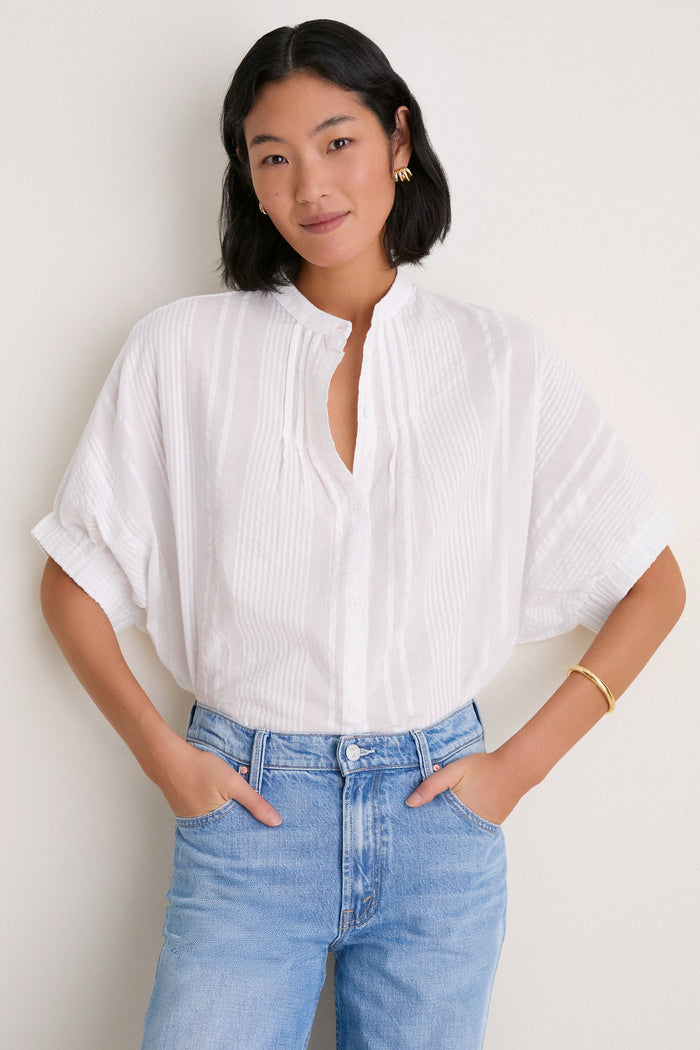 Cloud Seersucker Organic Mandarin Collar Top