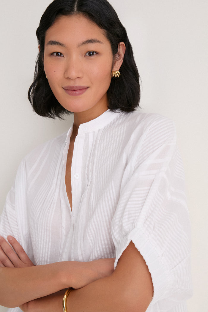 Cloud Seersucker Organic Mandarin Collar Top