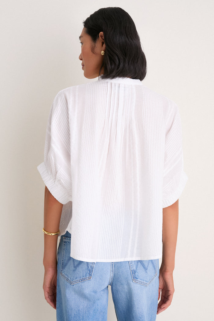Cloud Seersucker Organic Mandarin Collar Top