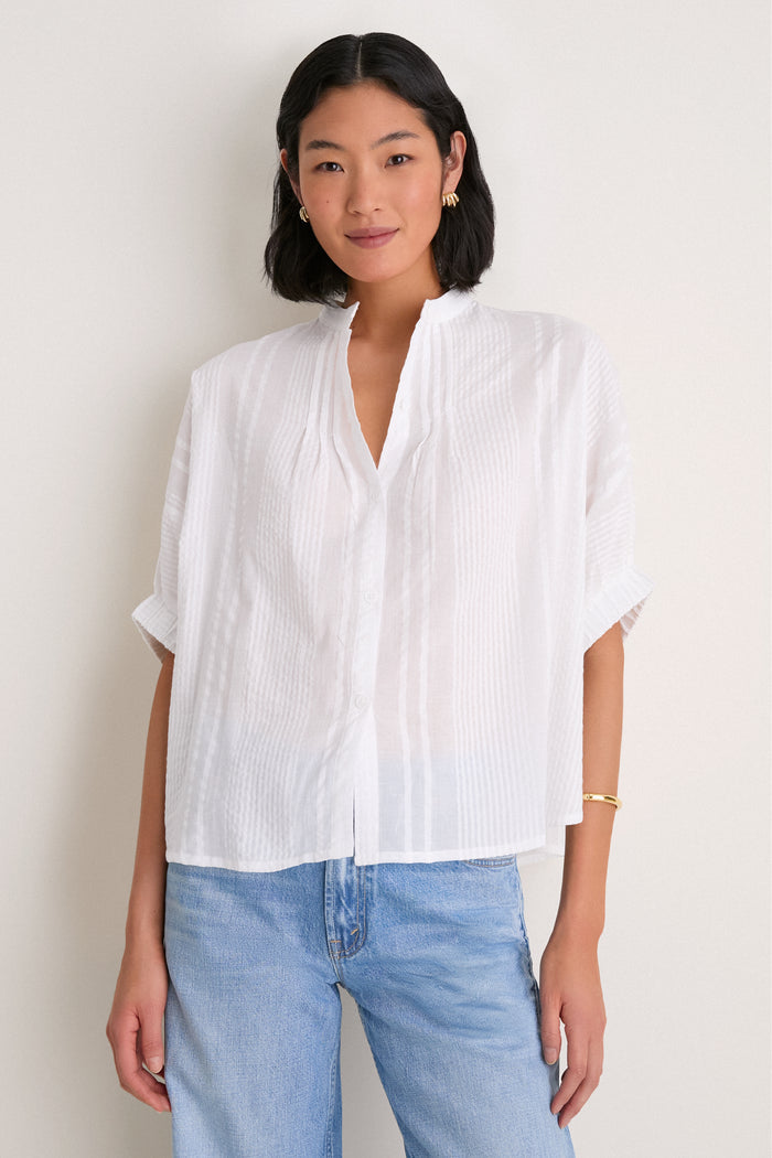 Cloud Seersucker Organic Mandarin Collar Top