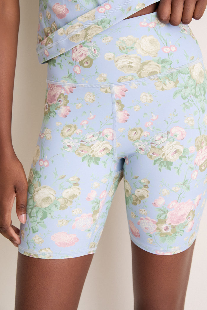 Clubhouse Chintz Compression Spandex Mac Bike Short, a classic high-rise, effortless fit with a fun floral design, ideal for chic, high-end athleisure looks.