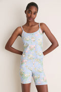 Young woman models the Clubhouse Chintz Compression Spandex Sofia Cami, showcasing its classic, effortless fit with adjustable straps and built-in shelf bra for a high-end, fun style.