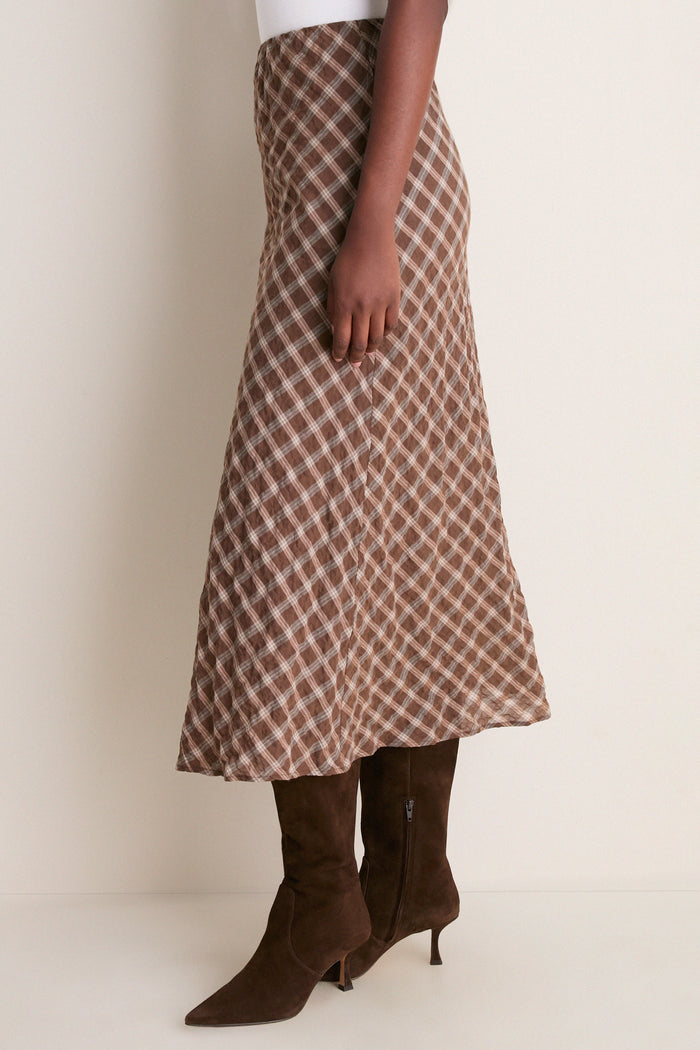 Cocoa Plaid Bias Midi Skirt