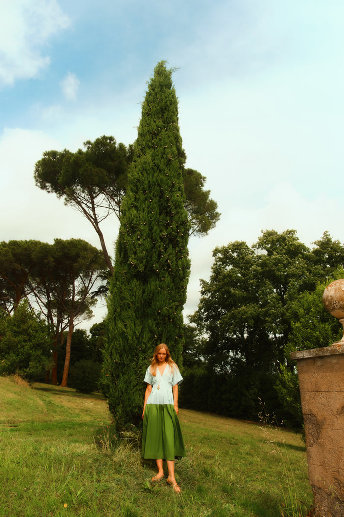 Woman standing in front of a tree in a blue and green color block dress.