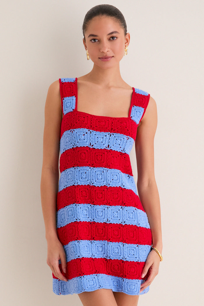 Cornflower Blue & Red Crochet Cooper Mini Dress