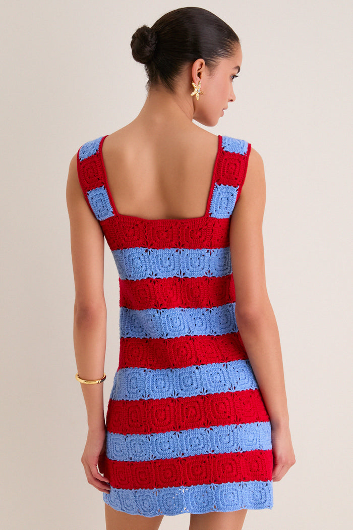 Cornflower Blue & Red Crochet Cooper Mini Dress