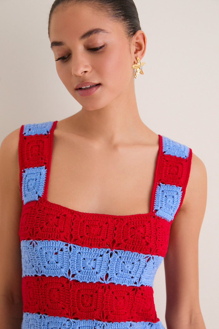 Cornflower Blue & Red Crochet Cooper Mini Dress