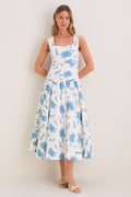 Cream & Blue Floral Pearl Trim Persephone Maxi Dress