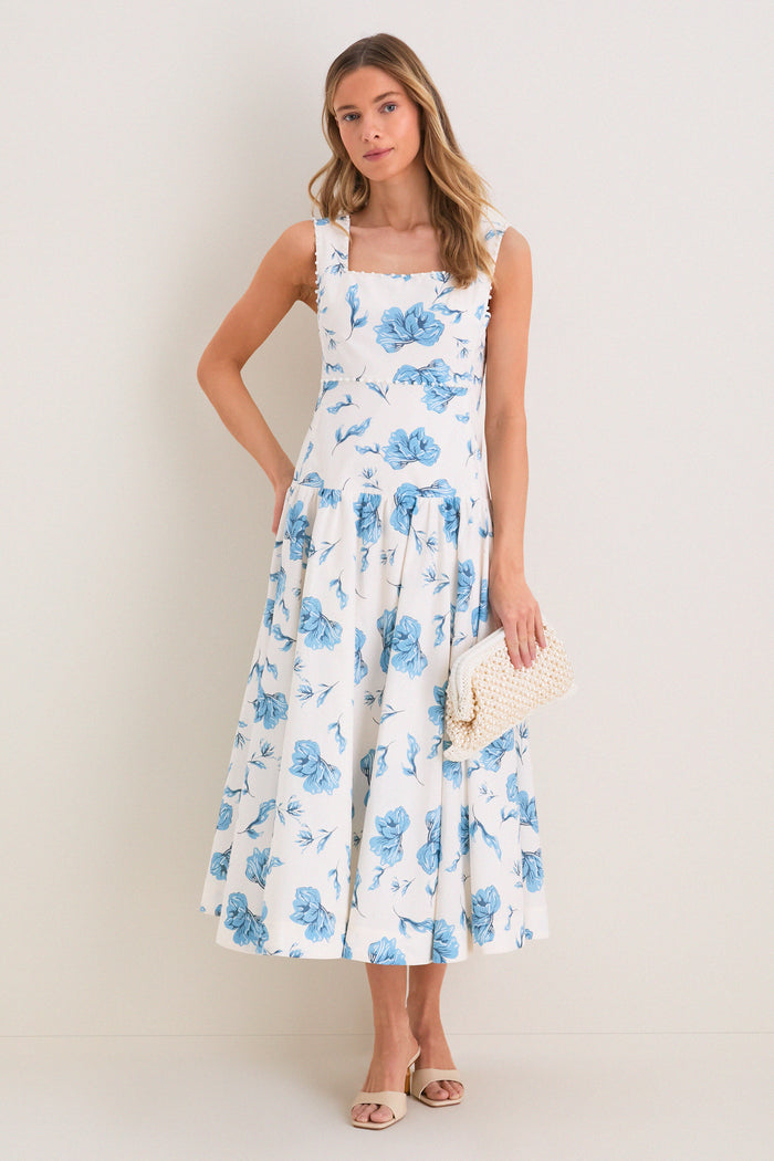 Cream & Blue Floral Pearl Trim Persephone Maxi Dress