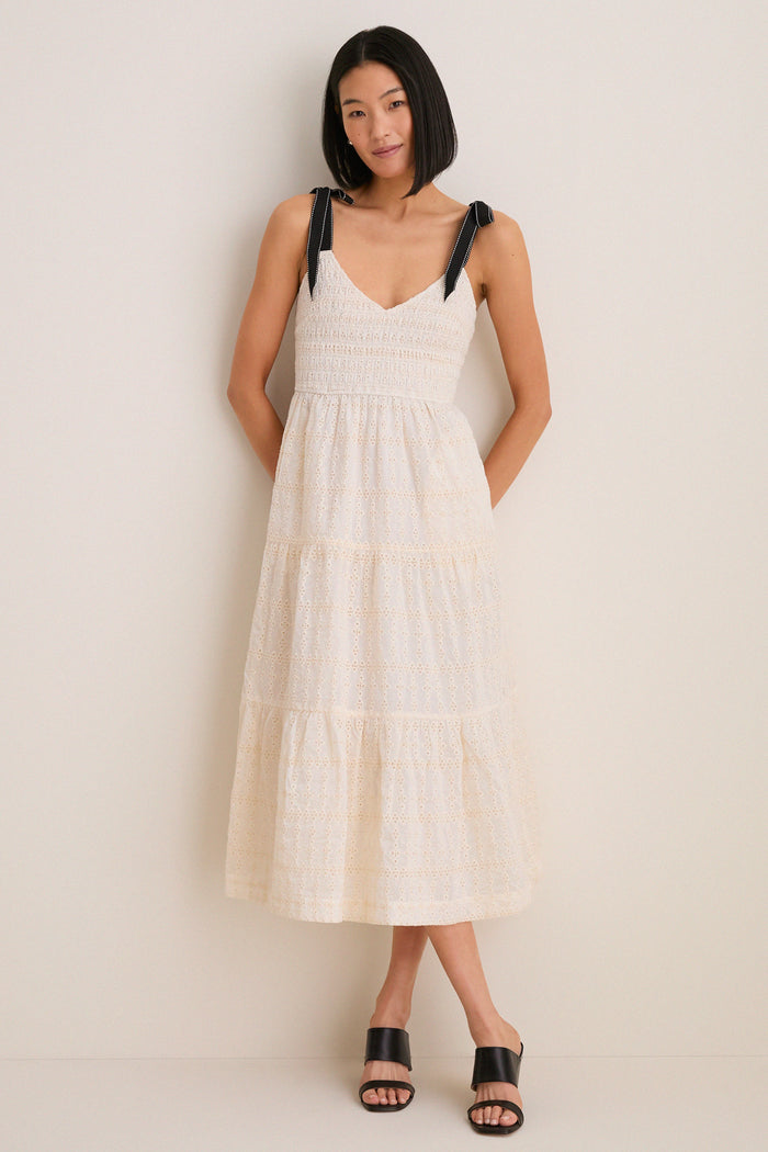 Cream Jayla Embroidery Eyelet Smocked Midi Dress