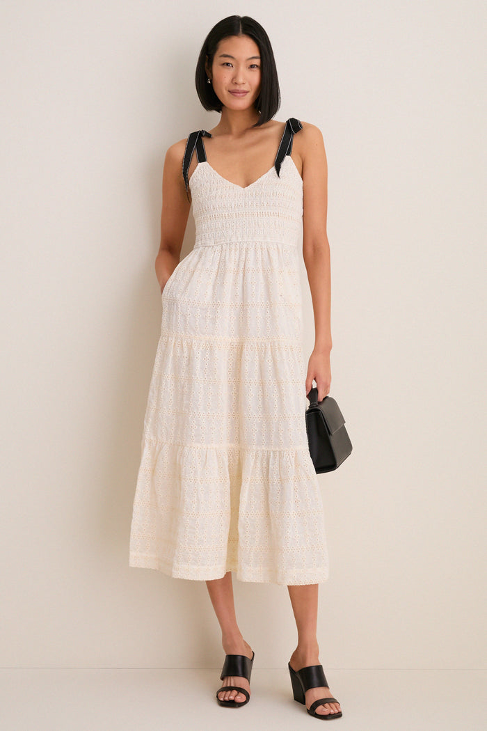 Cream Jayla Embroidery Eyelet Smocked Midi Dress