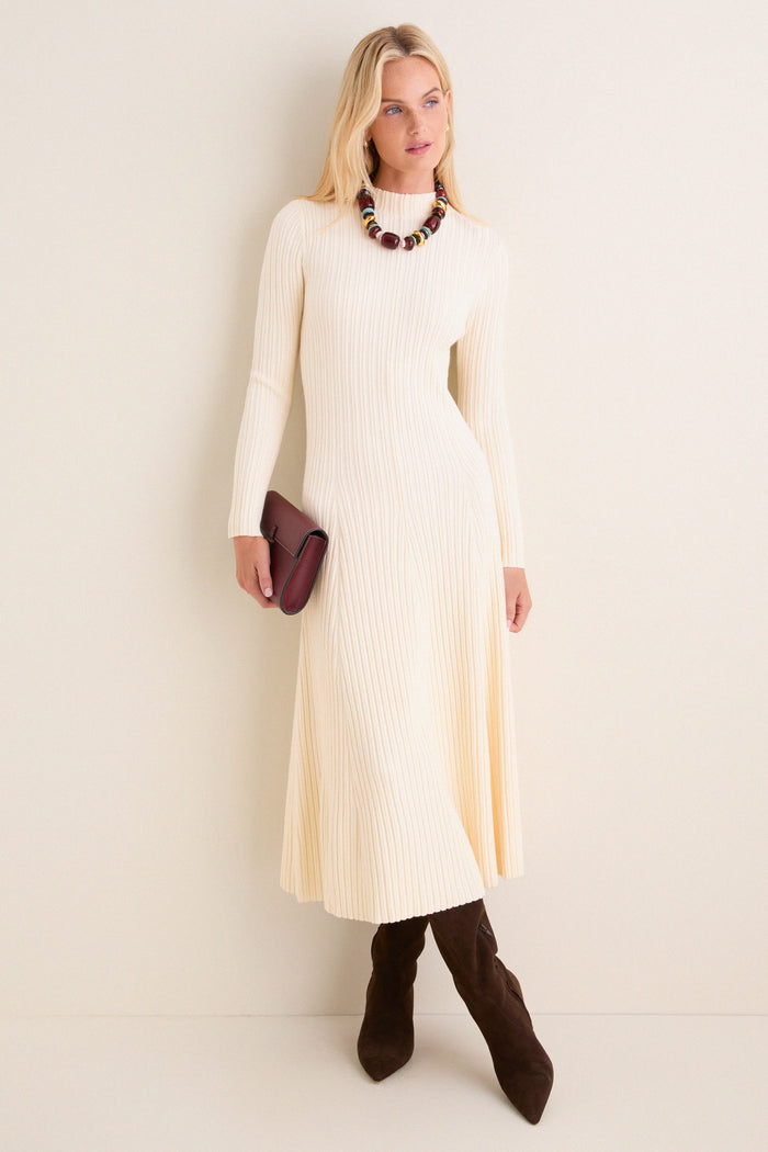 Cream Ribbed Knit Corey Midi Dress