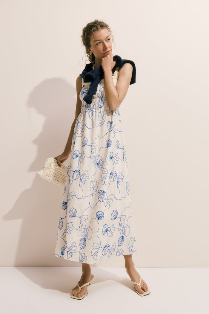 Cream & Royal Blue Embroidered Beverly Maxi Dress