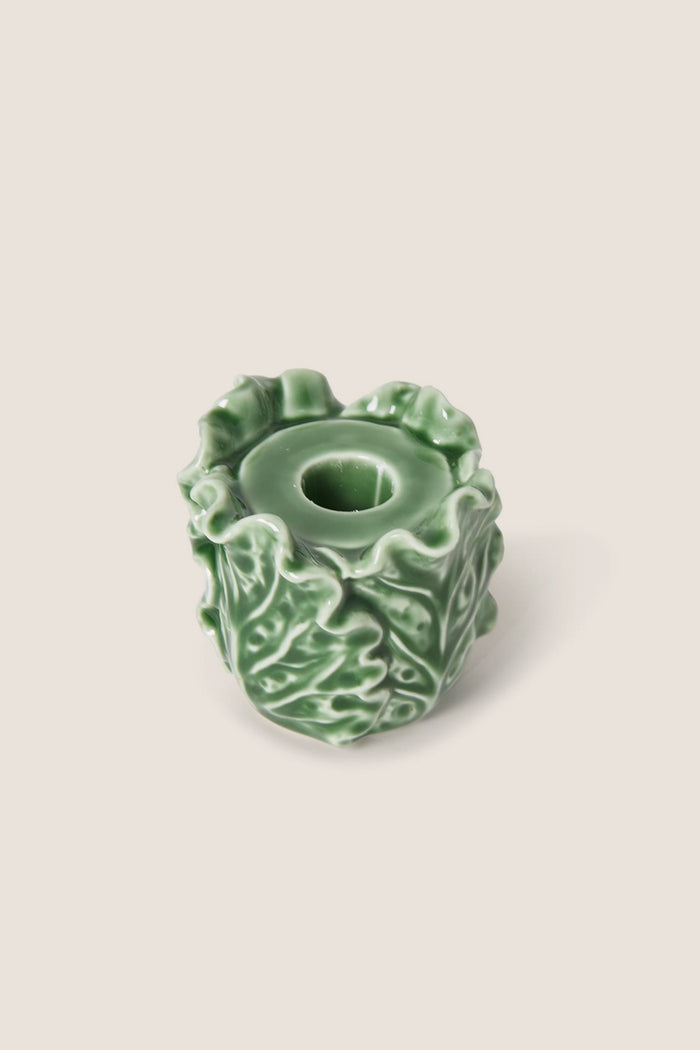 Cruciferous Leaf Taper Candleholder: A classic, high-end stoneware piece with effortless, fun ruffled cabbage leaf design, perfect for adding elegance to any table setting.