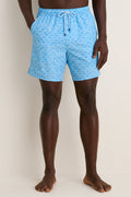 Classic Crystal Sea Coronado Swim Trunk in light-blue with geometric motif, featuring elastic drawstring waist, side pockets, and high-end, quick-drying fabric for effortless, fun style.