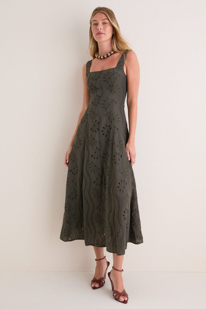 Dark Olive Embroidered Eyelet Square Neck Midi Dress