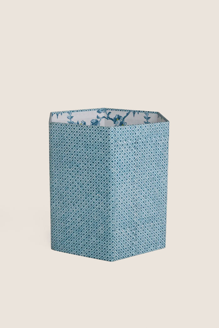 Dot and Grid Blue Block Printed Hexagon Collapsible Basket