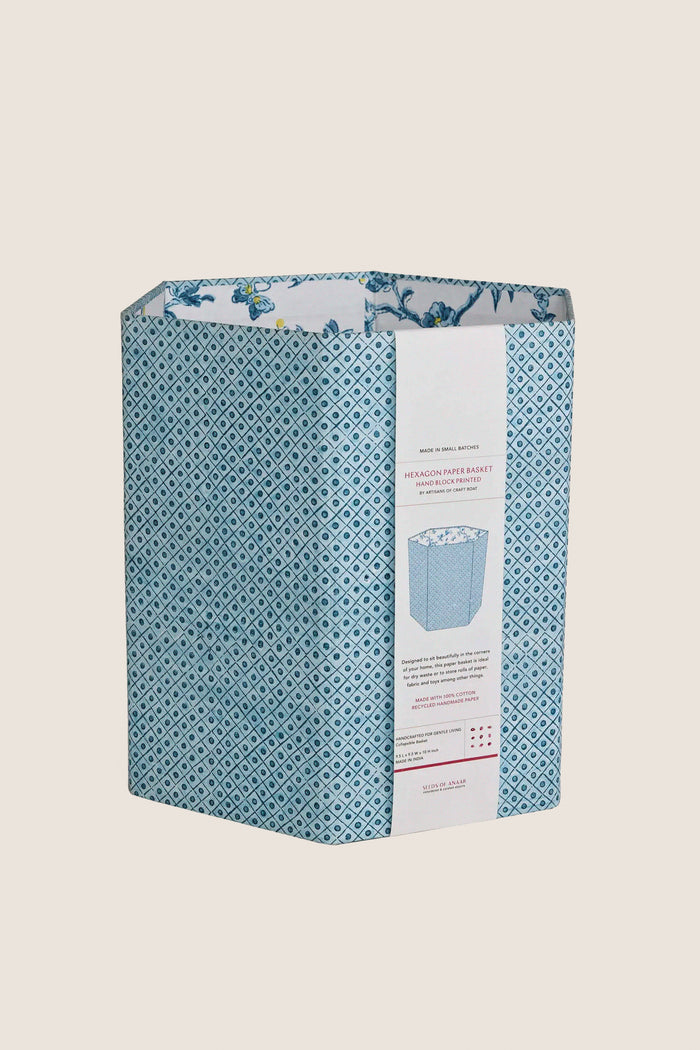 Dot and Grid Blue Block Printed Hexagon Collapsible Basket