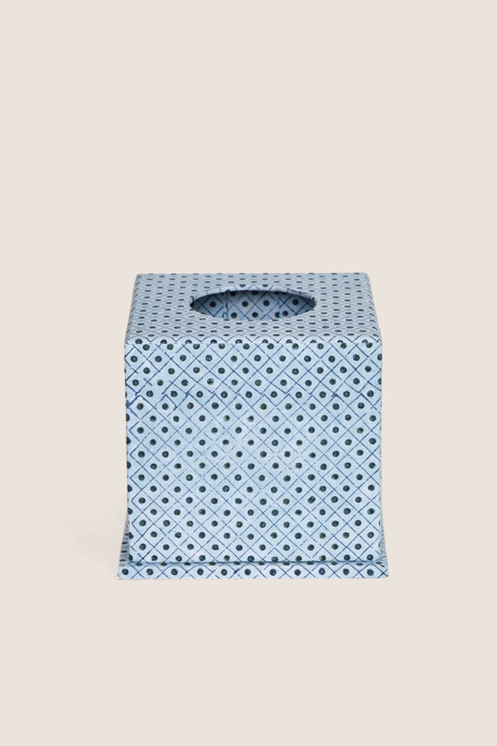 Dot and Grid Blue Screen Printed Square Tissue Box