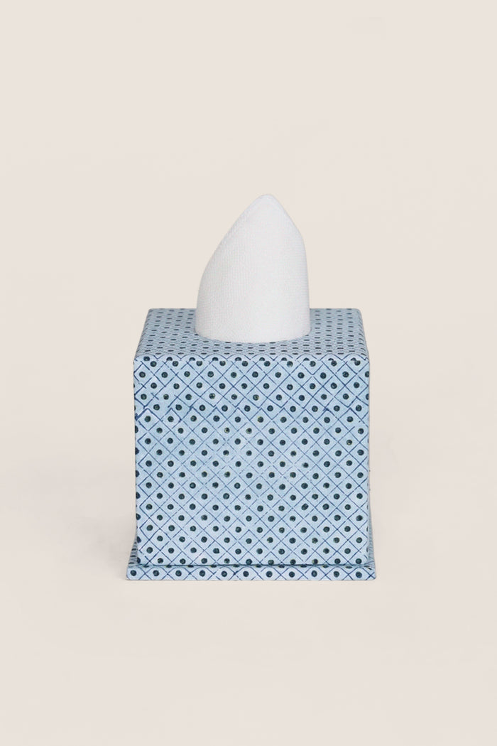 Dot and Grid Blue Screen Printed Square Tissue Box
