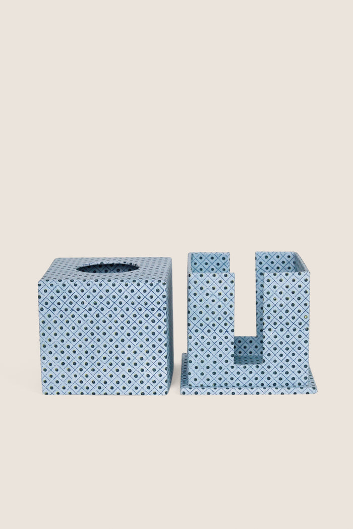 Dot and Grid Blue Screen Printed Square Tissue Box