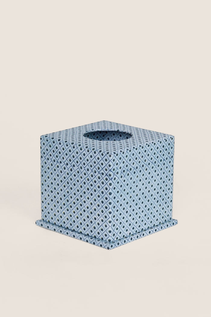 Dot and Grid Blue Screen Printed Square Tissue Box