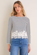 Dove and Navy Stripe Hovey Top with Lace