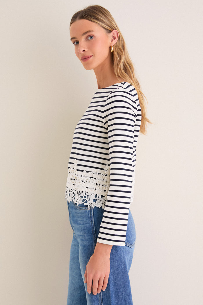 Dove and Navy Stripe Hovey Top with Lace