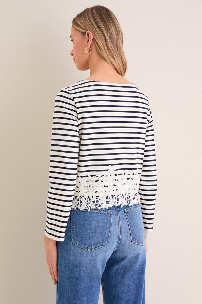 Dove and Navy Stripe Hovey Top with Lace