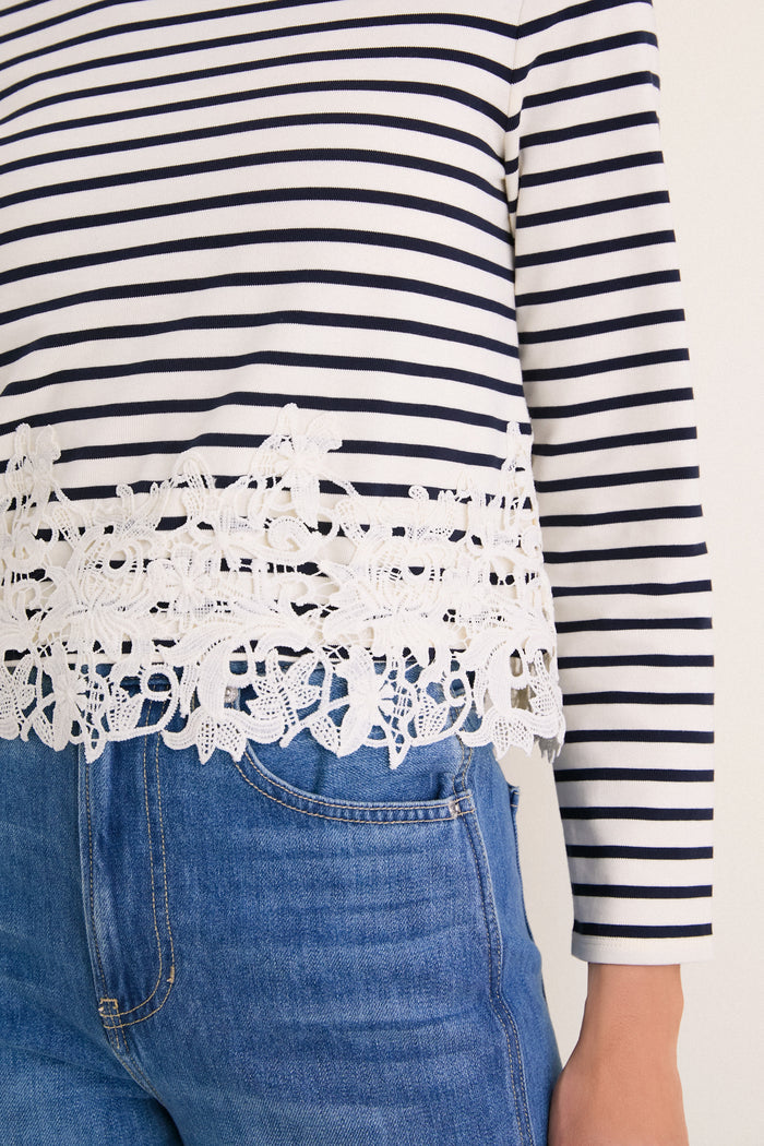 Dove and Navy Stripe Hovey Top with Lace