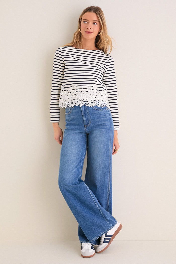 Dove and Navy Stripe Hovey Top with Lace