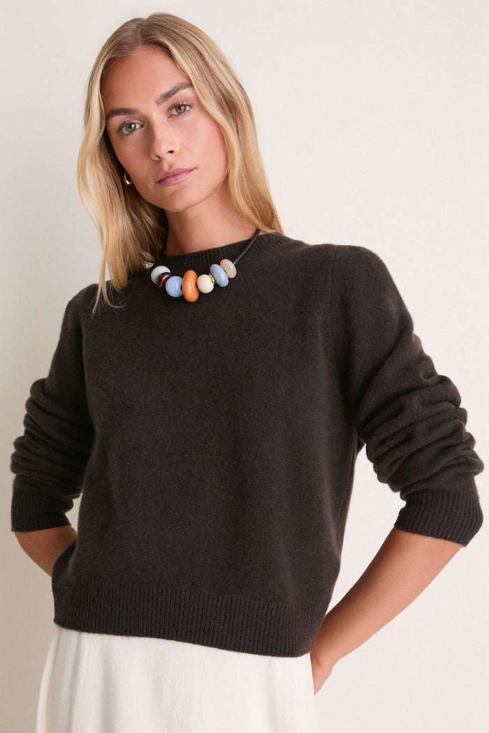 Espresso Cashmere Puff Sleeve Macy Crewneck Sweater