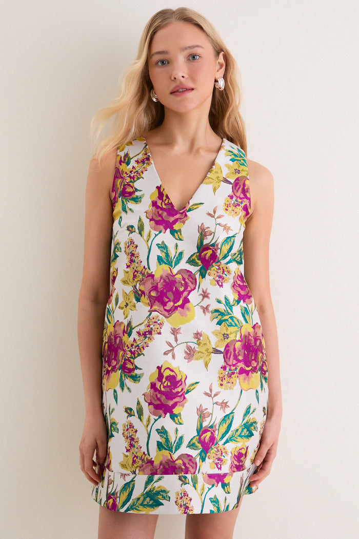Exclusive Magenta Floral Brocade Mini Dress