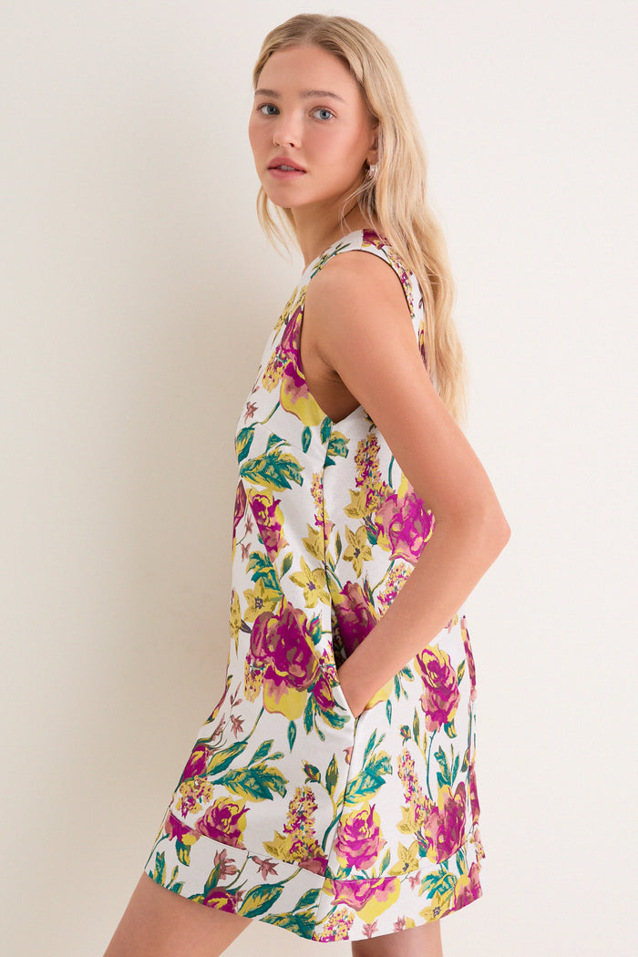 Exclusive Magenta Floral Brocade Mini Dress
