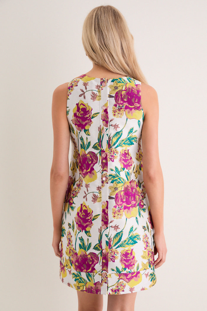 Exclusive Magenta Floral Brocade Mini Dress