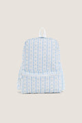 Floral Blue Ribbon Backpack featuring classic light-blue scalloped stripes and tiny floral sprigs, with an effortless front zip pocket and fun white carry-loop for high-end style.