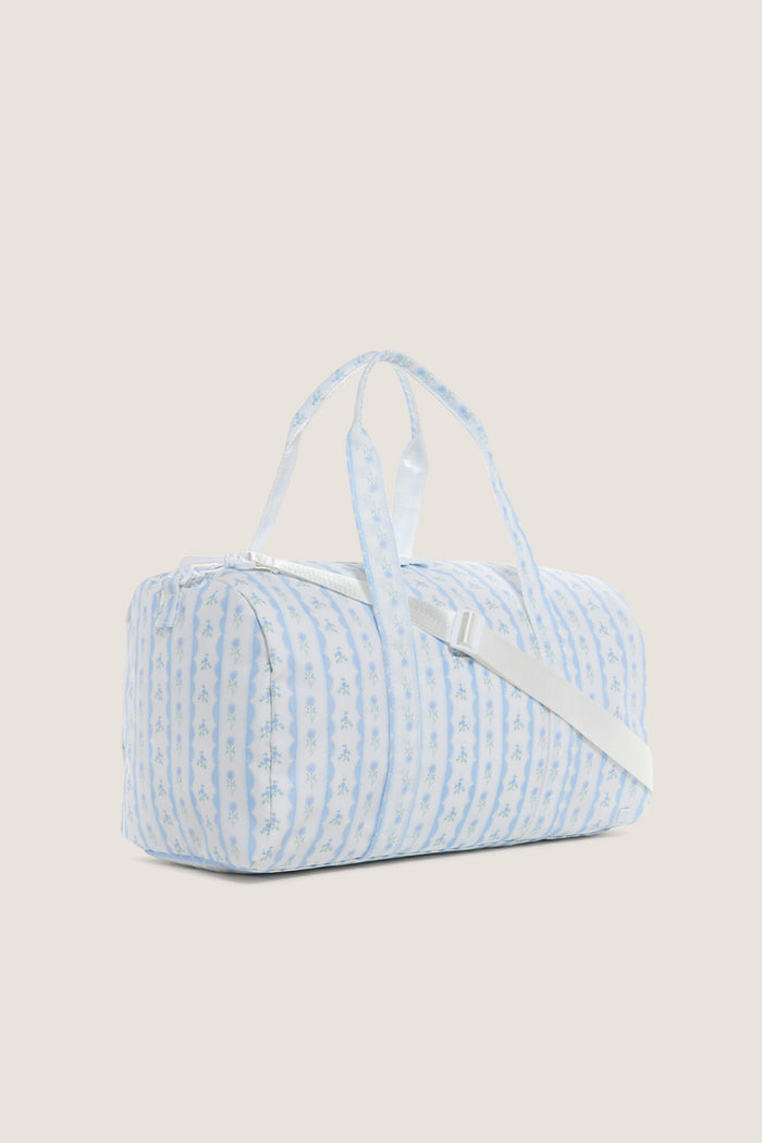 Floral Blue Ribbon Weekender Duffel Bag: A classic, high-end travel essential with an effortless, fun floral-stripe design, two handles, and a detachable shoulder strap for versatile carrying.