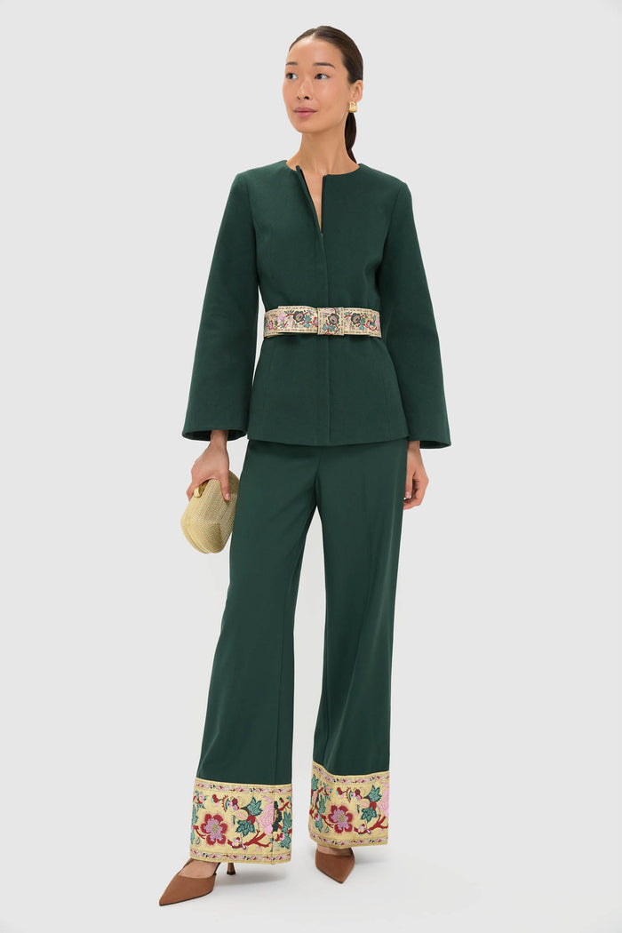 Model wearing Garden Scrollwork Jacquard Cuff Erin Pants with elegant jacquard trim, styled with a matching jacket and fun, effortless accessories for a classic, high-end look.