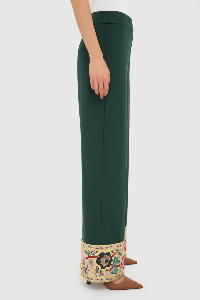 Garden Scrollwork Jacquard Cuff Erin Pants showcasing classic wide-leg design with an effortless embroidered hem, styled with pointed-toe shoes for a high-end, fun look.
