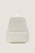 Gingham Pearl Grey Backpack with classic gingham pattern, featuring an effortless design with a main top zip and fun front pocket, embodying high-end style.