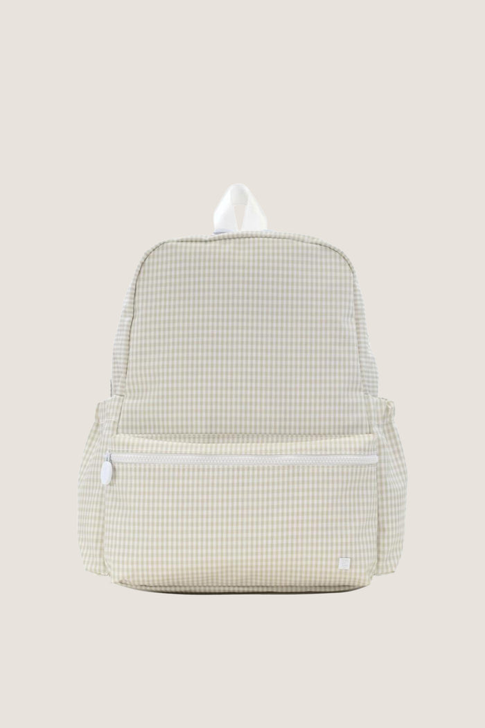 Gingham Pearl Grey Backpack with a classic beige-and-white checkered fabric, featuring an effortless top handle, fun front pocket, and high-end adjustable padded straps.