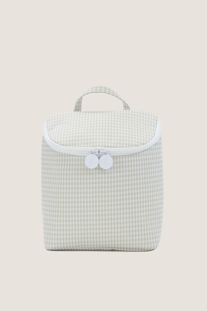 Gingham Pearl Grey Take Away Insulated Lunch Bag: A classic, effortless zip-up pouch with a top handle and dual pull-tabs, perfect for fun, high-end travel.