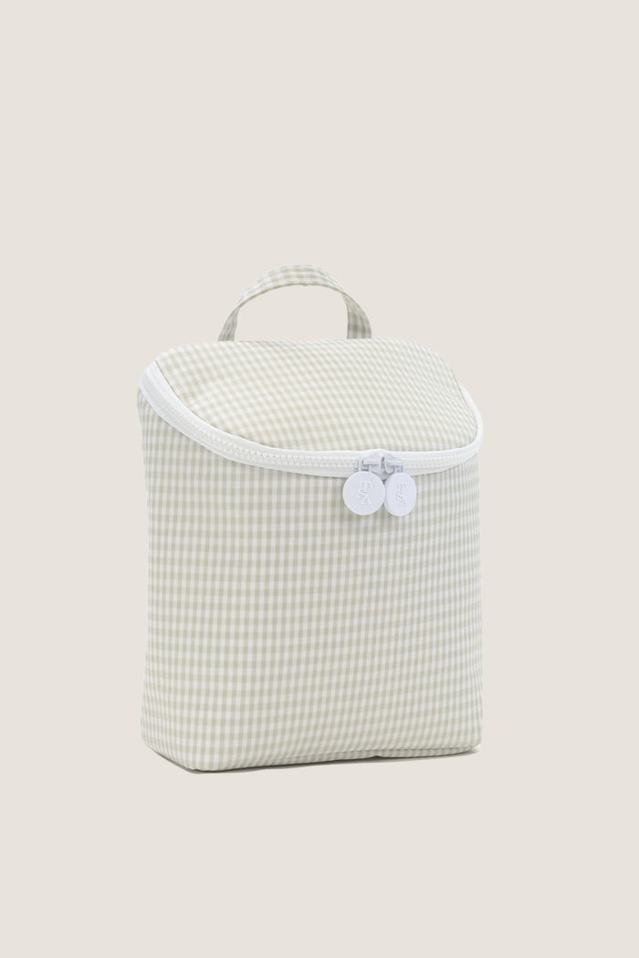 Gingham Pearl Grey Take Away Insulated Lunch Bag features a classic gingham design, effortless zip closure, and loop handle, offering a fun, high-end travel accessory.