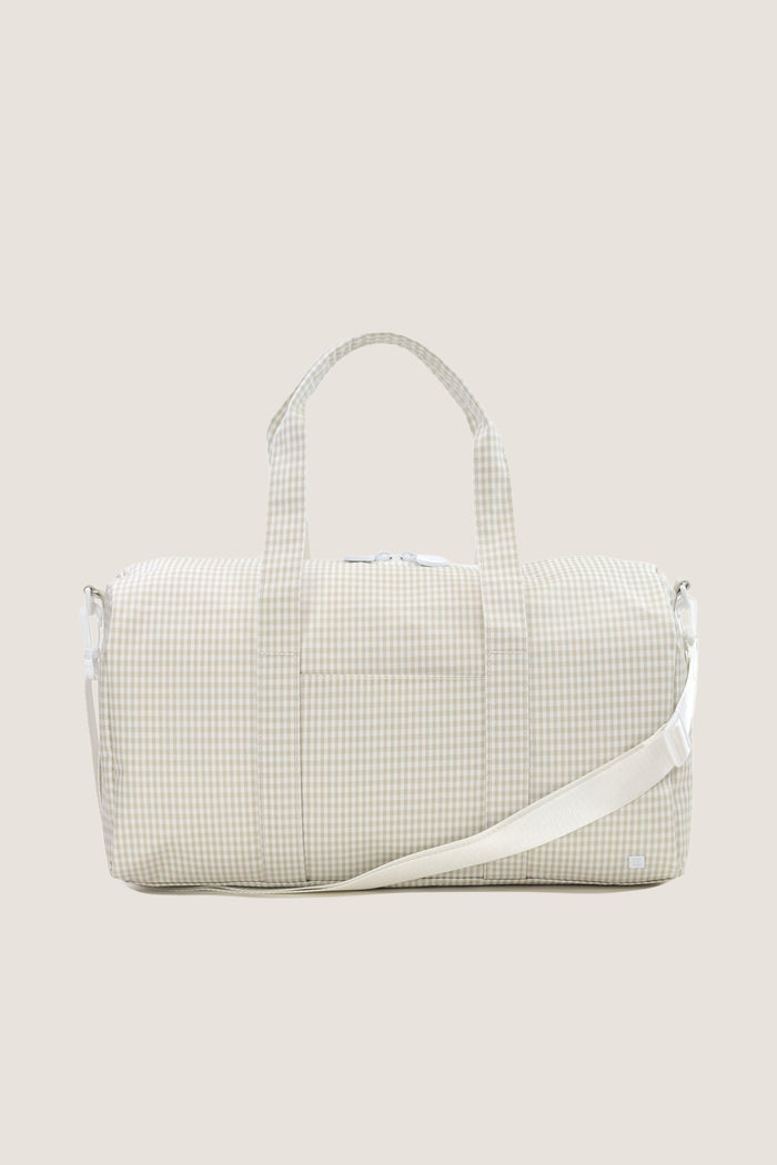 Gingham Pearl Grey Weekender Duffel Bag with classic gingham pattern, top handles, and detachable shoulder strap. Effortlessly combines fun, high-end design with practical features.