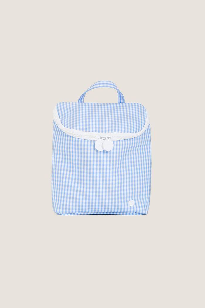 Gingham Sky Take Away Insulated Lunch Bag, a classic, fun tote with a blue-and-white gingham pattern, featuring an effortless short handle and high-end dual-tab zipper.