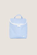 Gingham Sky Take Away Insulated Lunch Bag, a classic, fun tote with a blue-and-white gingham pattern, featuring an effortless short handle and high-end dual-tab zipper.