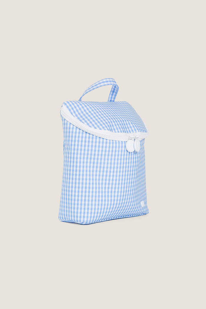 Gingham Sky Take Away Insulated Lunch Bag: a classic, high-end soft-sided bag with an effortless design, featuring a top loop handle and front zipper for fun, stylish convenience.
