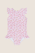 Girls Pink Bubble Floral Ruffle Cap Sleeve Rashgaurd One Piece